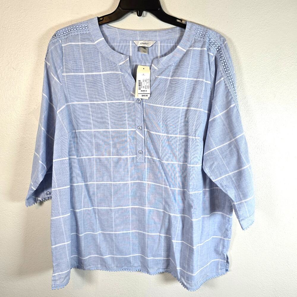 CJ Banks Blouse Womens 2X Blue White Linen Plaid Lace Trim Spring Summer Coastal